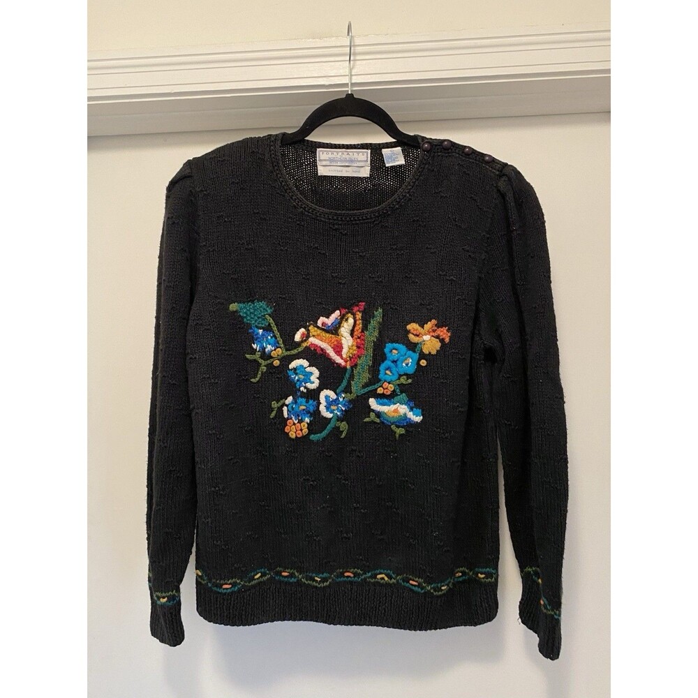 Vintage Portraits by Northern Isles Hand Embroidered Sweater Size Large Floral